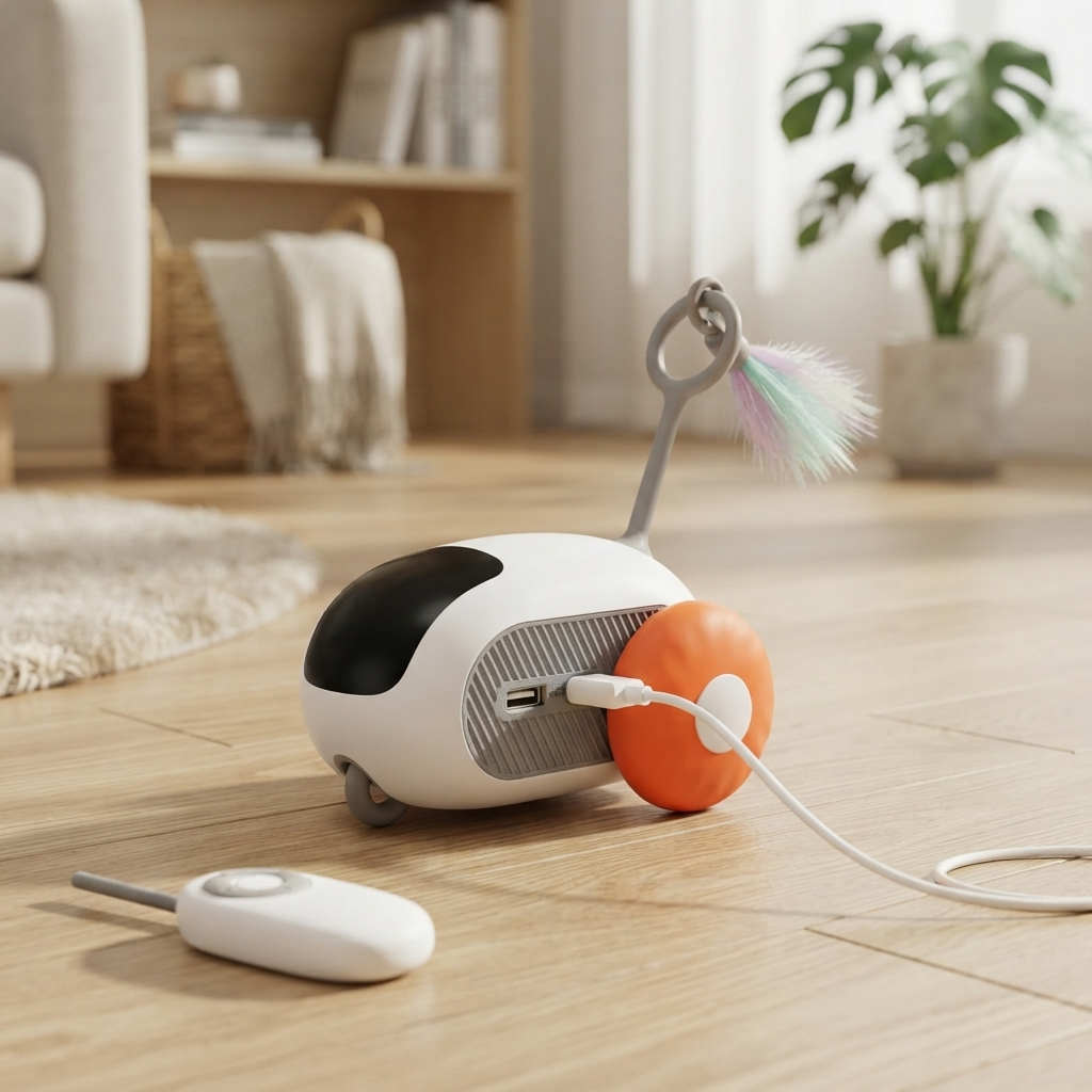 Meowtix Chase & Play RC Cat Car in orange on a living room floor with its remote and USB cable