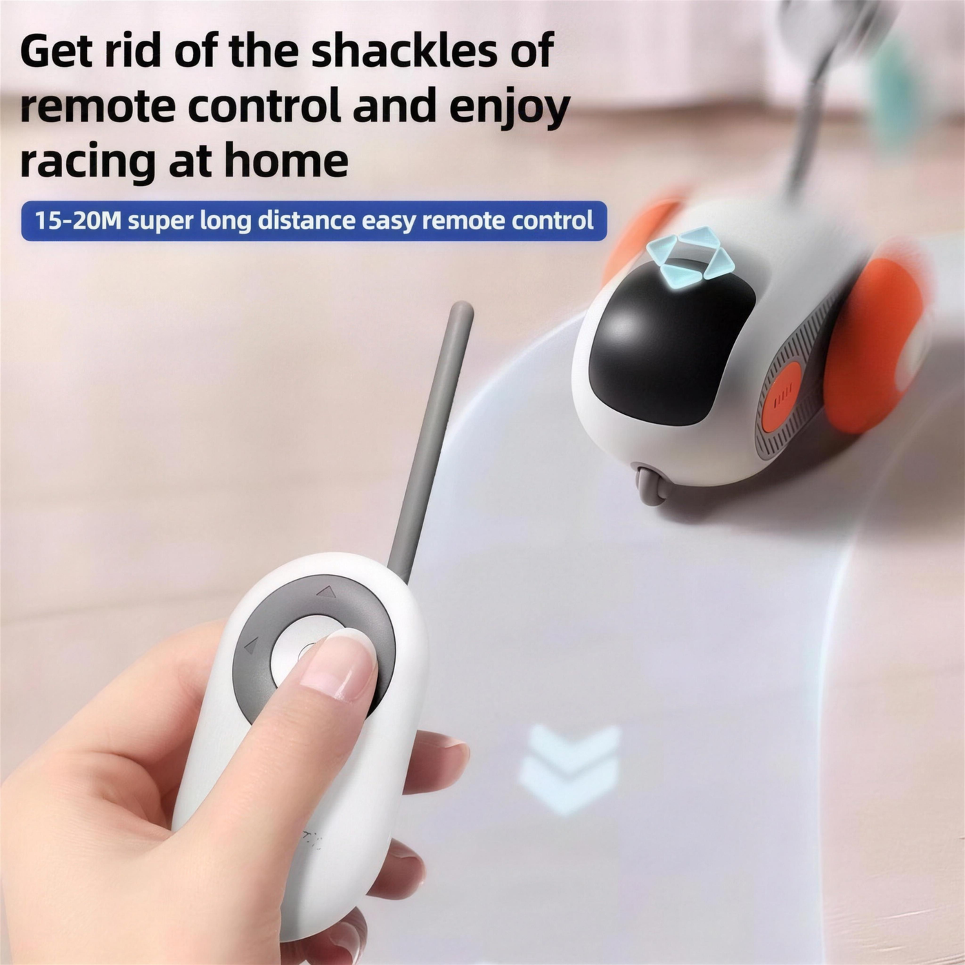 Hand holding the wireless remote while the Meowtix RC car speeds away
