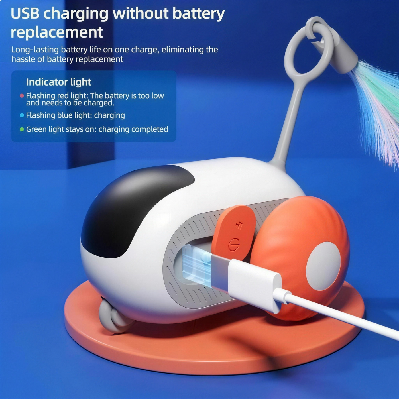 Meowtix RC car charging over USB with its indicator light guide