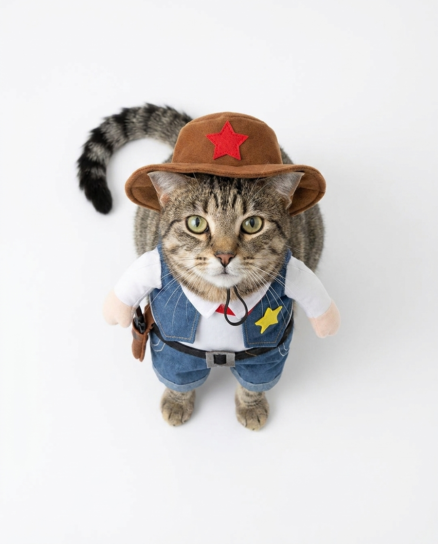 Cat standing up in the full cowboy costume