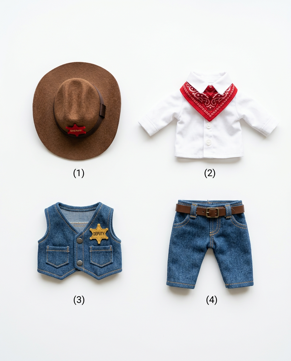 Everything included in the costume set: hat, shirt with bandana, vest, and pants